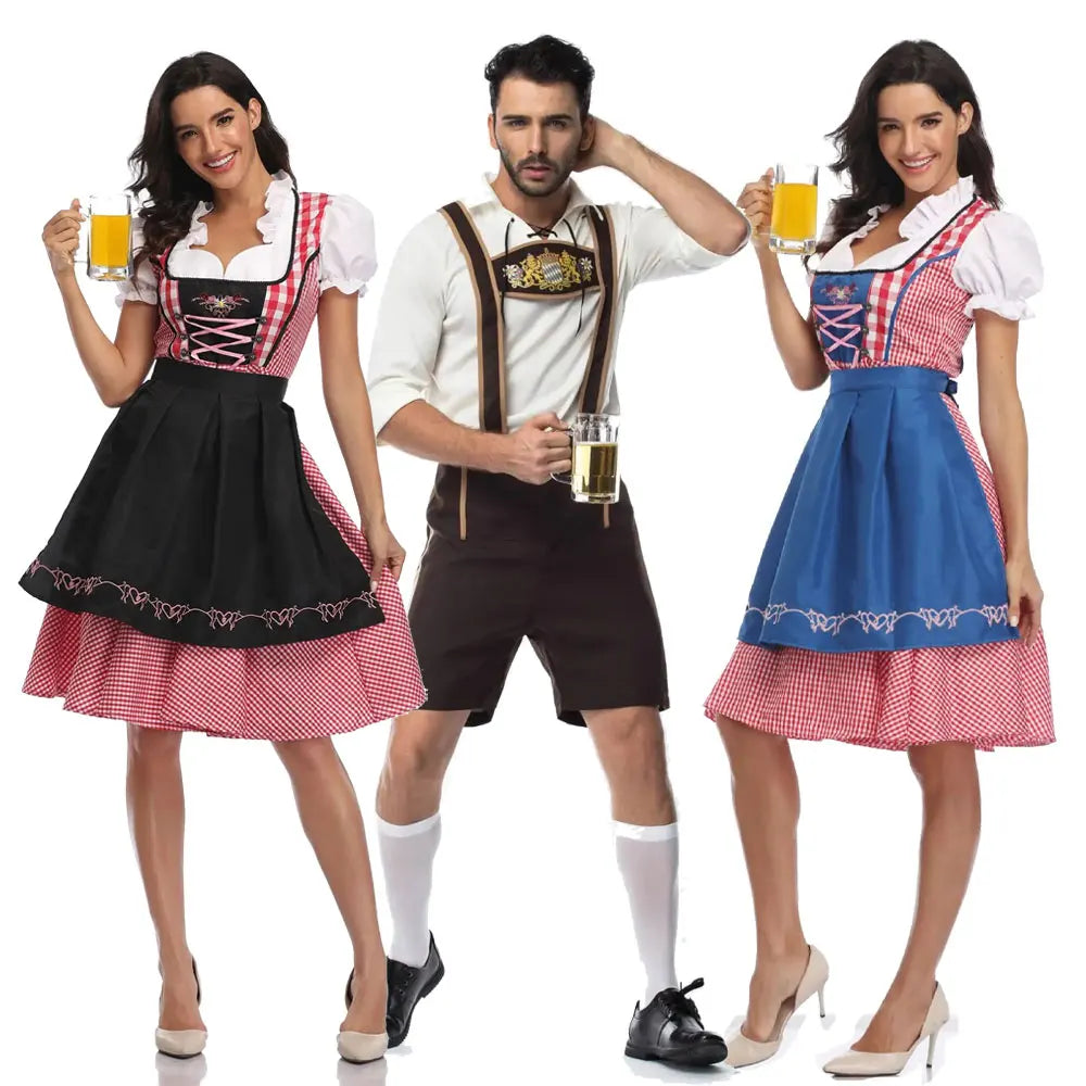 Damen Kellnerin Dienstmädchen Kleid Erwachsene Bayern Oktoberfest Kleid Bier Karneval Party Outfit Kostüm Mann Lederhosen Dirndl Outfit