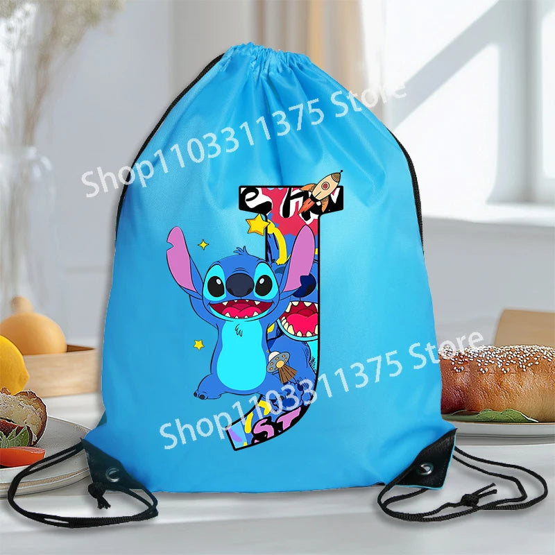 Stitch Disney Waterproof Drawstring Bag Letter A-Z Cartoon Shoes Underwear Travel Sport Bags Nylon Clothes Packing Backpack Gift