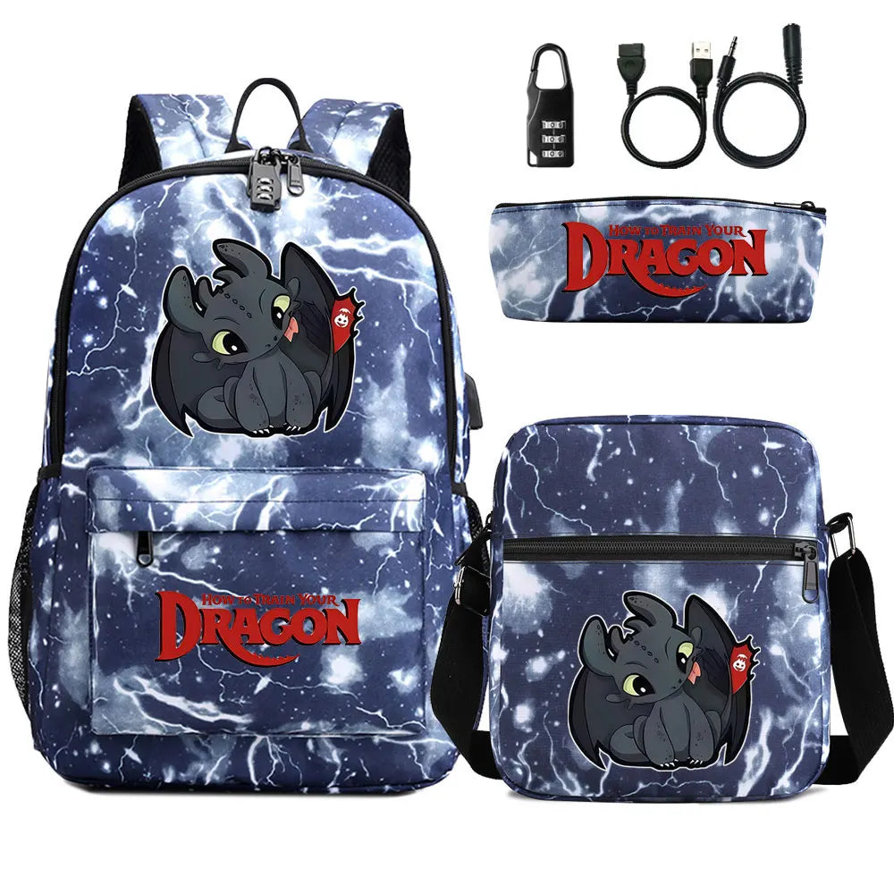 How to Train Your Dragon 3Pcs USB Anti-theft Lock Boy Girl Kids Back To School Book Bags Travel Backpack Shoulder Bag Pen Bags