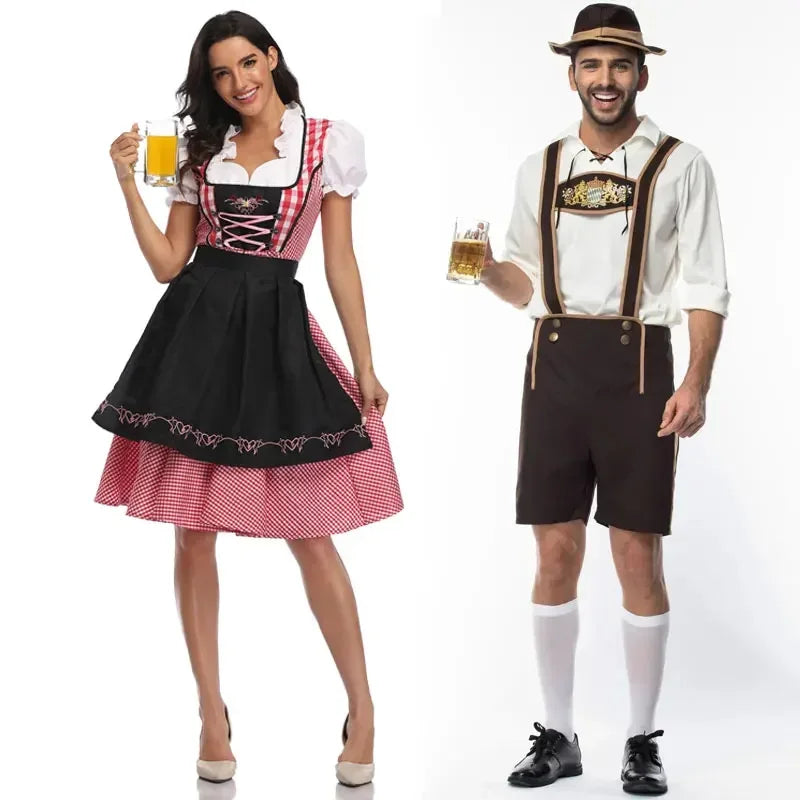 Damen Oktoberfest Kleid Kellnerin Maid Kleid Mann Dirndl Lederhosen Bier Karneval Party Outfit Kostüm