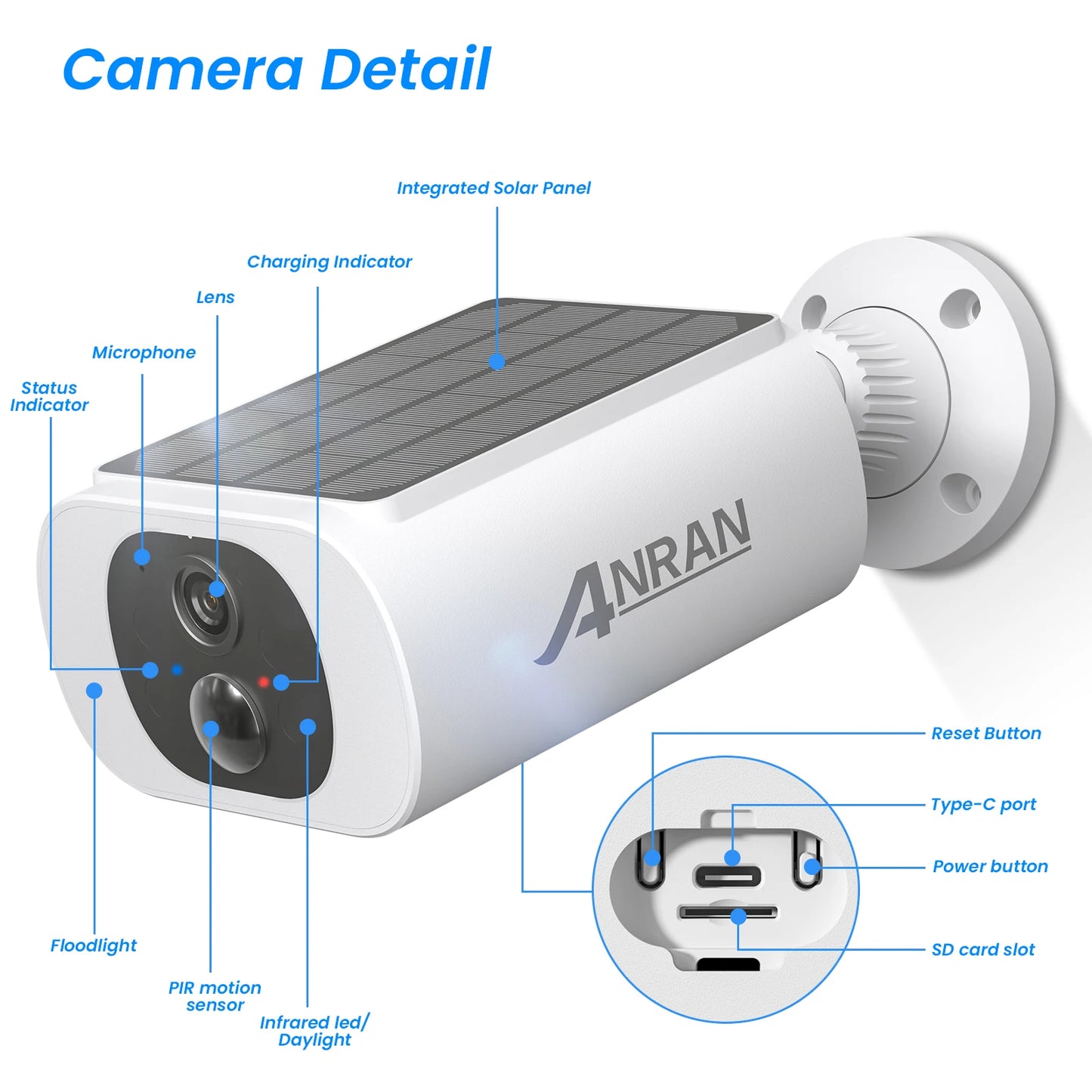 ANRAN 2K Solar-Sicherheitskamera, 3 MP, für den Außenbereich, kabellos, 2,4 G, WLAN-Kamera, Akku-Kamera, Flutlicht, Farb-Nachtsicht, NVR kann nicht hinzugefügt werden