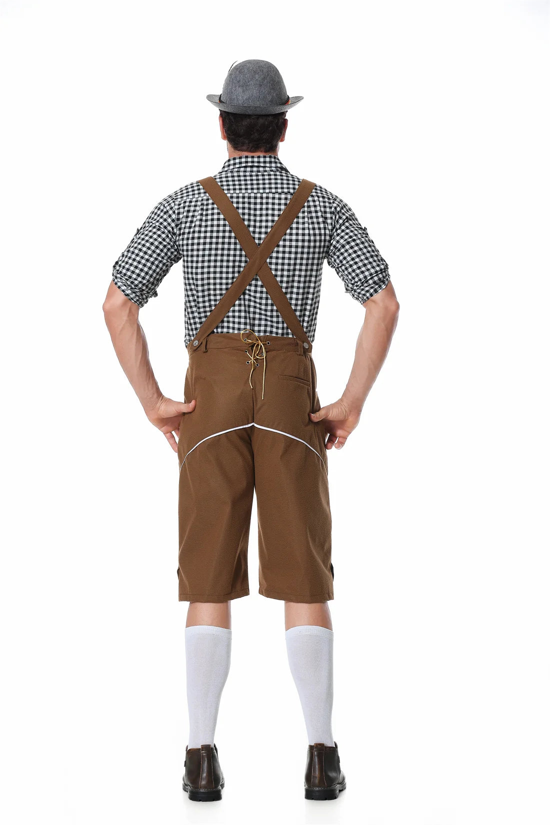 M-XXL Herren Oktoberfest Lederhosen Kostüm Langarm Hosenträger Strampler Hemd Hut Deutsches Bayerisches Bierfest Cosplay Outfit