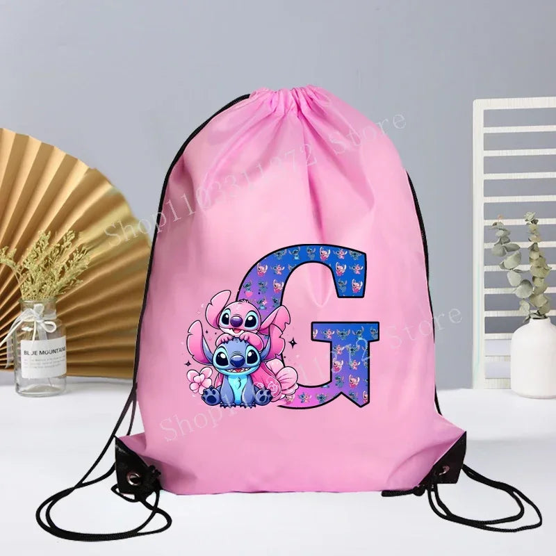 Disney Stitch Drawstring Bag Letter A-Z Printed Girl Kids Adult Gym PE Kit Sack Dance Portable Waterproof Light Travel Pouch Bag