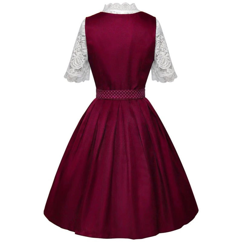 2025 Cosplay Kleid für Frauen Midi Rot Kostüm Kleid Oktoberfest Bier Maid Frauen Dirndl Kleid mit Spitze Schürze Mode Halloween