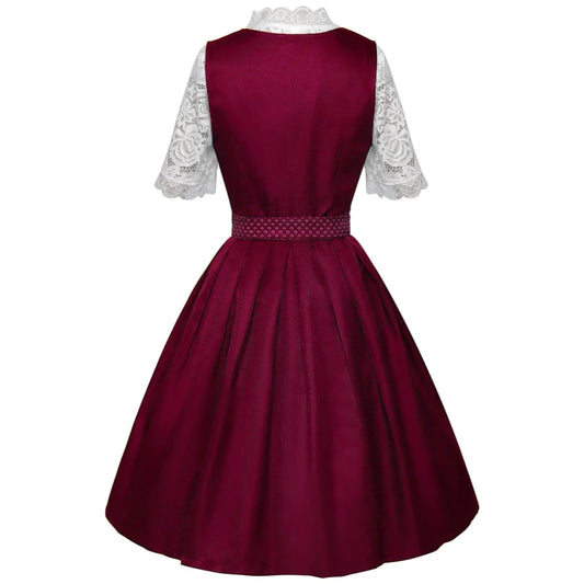 2025 Cosplay Kleid für Frauen Midi Rot Kostüm Kleid Oktoberfest Bier Maid Frauen Dirndl Kleid mit Spitze Schürze Mode Halloween