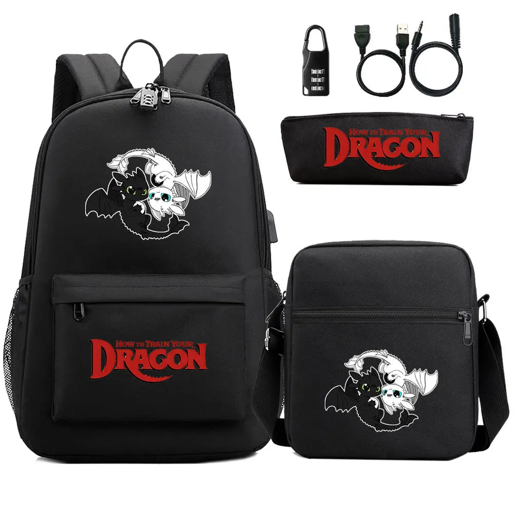 How to Train Your Dragon 3Pcs USB Anti-theft Lock Boy Girl Kids Back To School Book Bags Travel Backpack Shoulder Bag Pen Bags