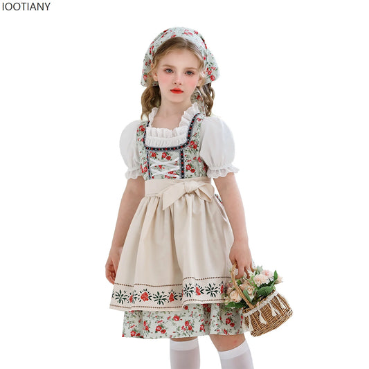 IOOTIANY Deutsches Münchner Oktoberfest Kinder Mädchen Blume Rüschen Spitze Lolita Pastoral Kleid Dienstmädchen Cosplay Performance Kostüm Set