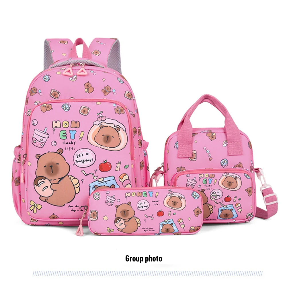 3in1 School Backpack Set Nylon Cute Bookbag Going Out Cartoon Laptop Travel Bag Breathable Back Large Capacity Cute Capybara Bag