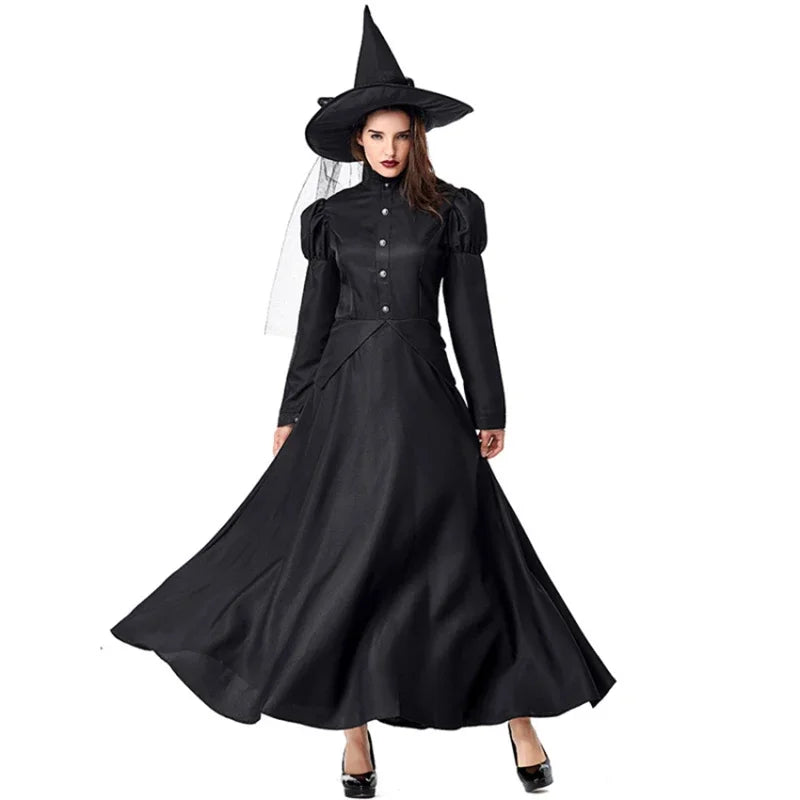 Halloween-Zauberer-Cosplay-Kostüm für Kinder und Erwachsene, Halloween-Kostüm für Damen, Deluxe, böse Hexe, schwarzes Kleid in voller Länge