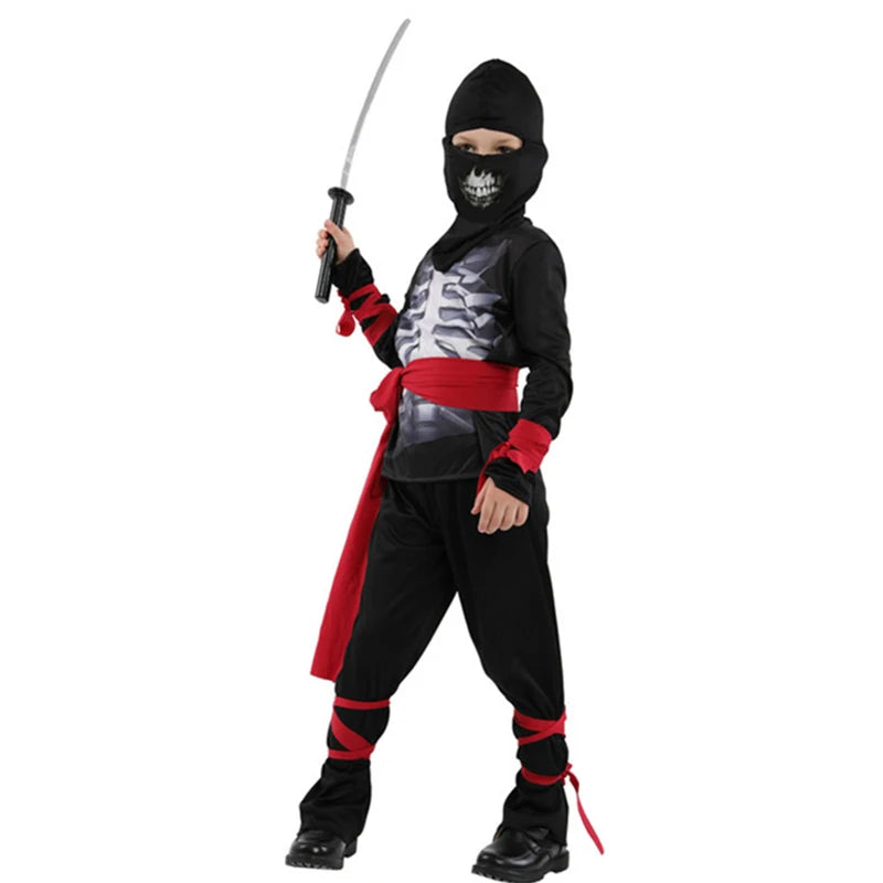 Jungen Schwarzes Skelett Totenkopf Ninja Kostüm Shinobi Schwert Katana Rucksack Set Kinder Silber Drachen Ninja Halloween Kostüm