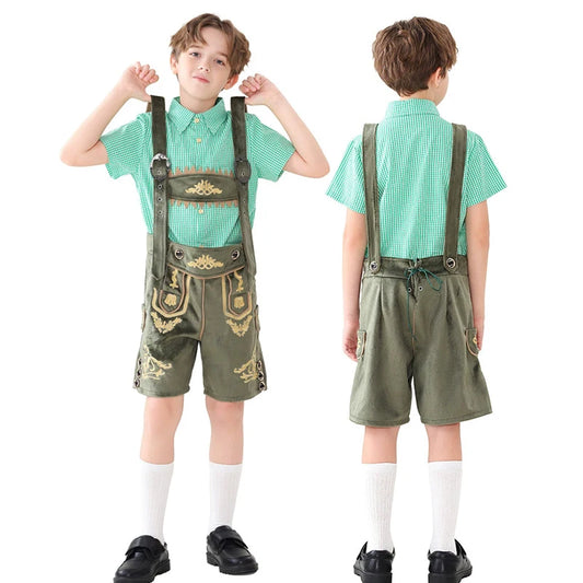 NEU Bayerisches Nationales Oktoberfest-Kostüm für Jungen, Flanell-Lederhosen, kariertes Hemd, Cosplay, Karneval, Halloween, ausgefallenes Partykleid