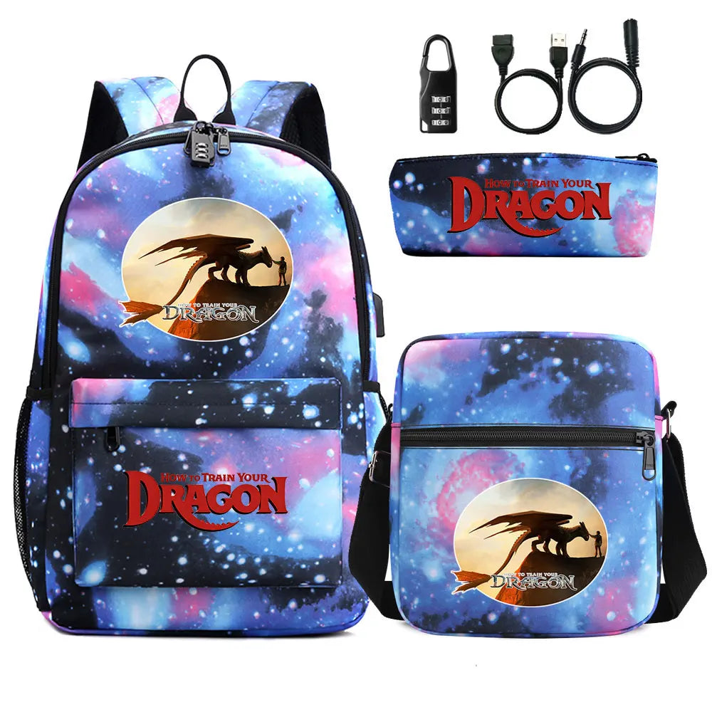 How to Train Your Dragon 3Pcs USB Anti-theft Lock Boy Girl Kids Back To School Book Bags Travel Backpack Shoulder Bag Pen Bags