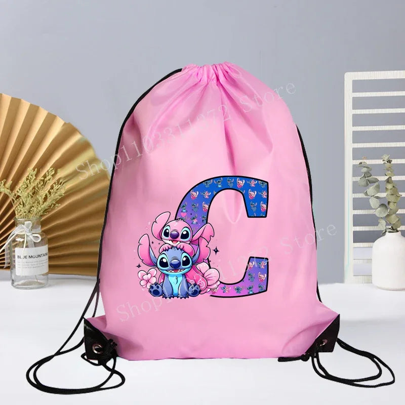 Disney Stitch Drawstring Bag Letter A-Z Printed Girl Kids Adult Gym PE Kit Sack Dance Portable Waterproof Light Travel Pouch Bag