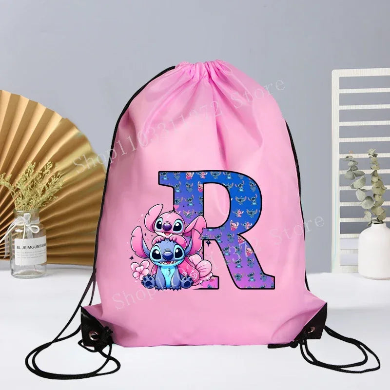 Disney Stitch Drawstring Bag Letter A-Z Printed Girl Kids Adult Gym PE Kit Sack Dance Portable Waterproof Light Travel Pouch Bag