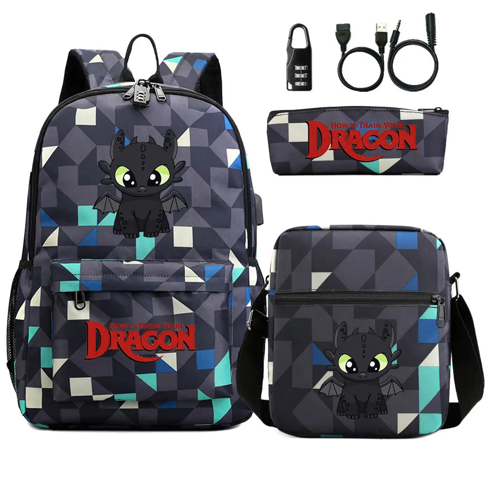 How to Train Your Dragon 3Pcs USB Anti-theft Lock Boy Girl Kids Back To School Book Bags Travel Backpack Shoulder Bag Pen Bags