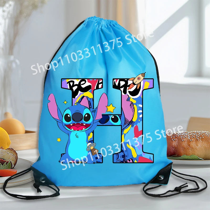 Stitch Disney Waterproof Drawstring Bag Letter A-Z Cartoon Shoes Underwear Travel Sport Bags Nylon Clothes Packing Backpack Gift