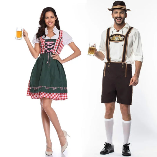 Damen Oktoberfest Kleid Kellnerin Maid Kleid Mann Dirndl Lederhosen Bier Karneval Party Outfit Kostüm