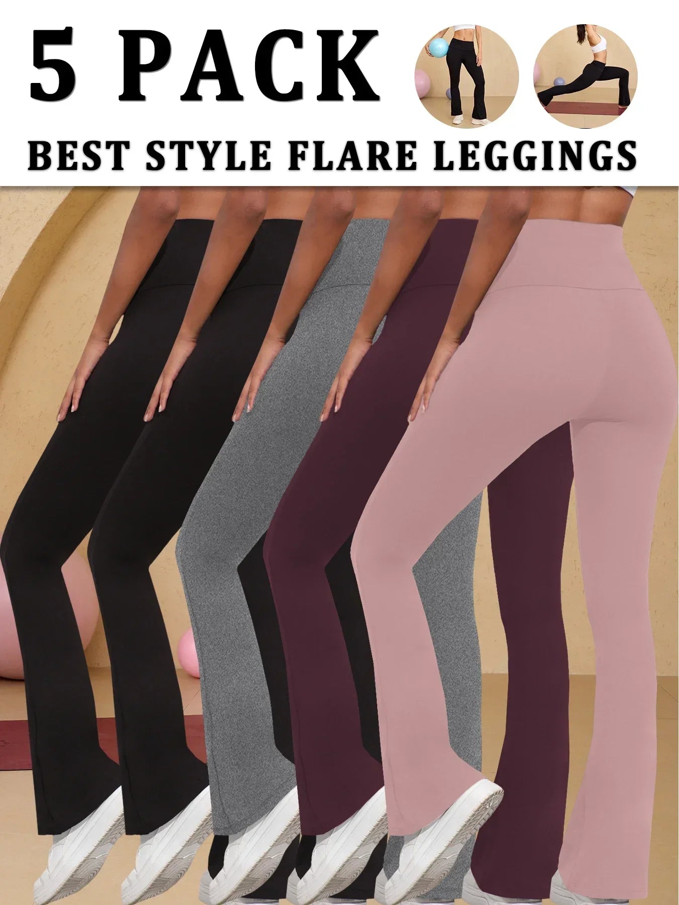 5er-Pack superweiche Schlaghosen für Damen, hohe Taille, Bauchkontrolle, Workout, Yoga, Push-Up, Fitnessstudio, Fitness-Leggings, Schlaghosen