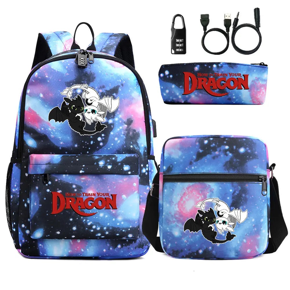 How to Train Your Dragon 3Pcs USB Anti-theft Lock Boy Girl Kids Back To School Book Bags Travel Backpack Shoulder Bag Pen Bags
