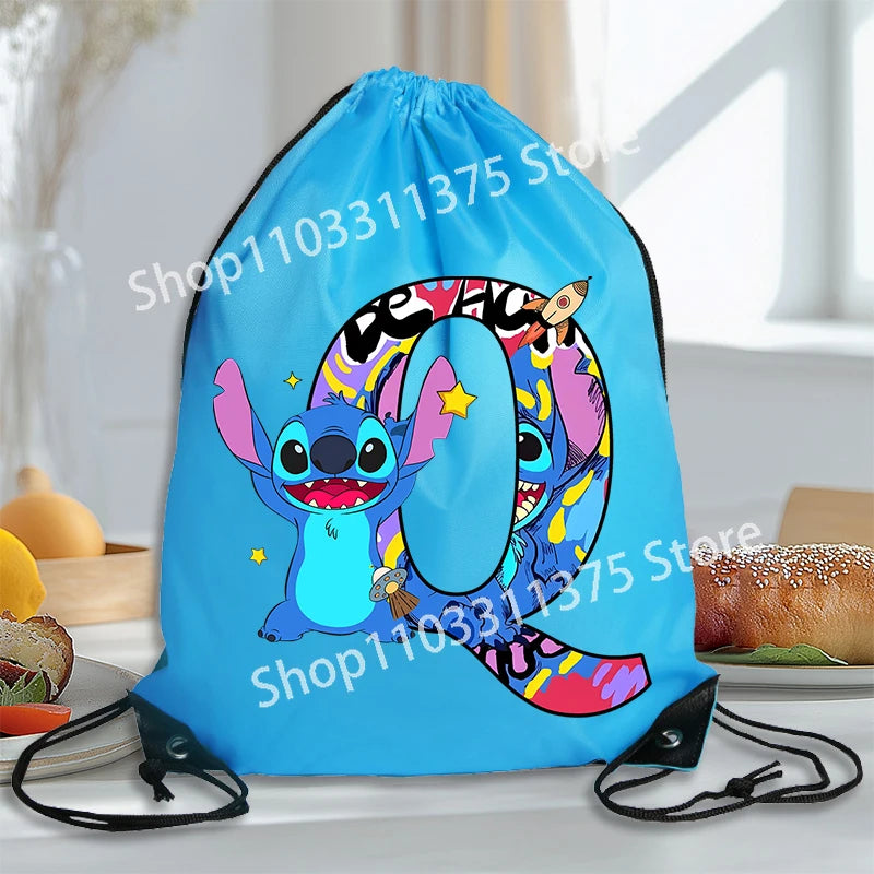 Stitch Disney Waterproof Drawstring Bag Letter A-Z Cartoon Shoes Underwear Travel Sport Bags Nylon Clothes Packing Backpack Gift