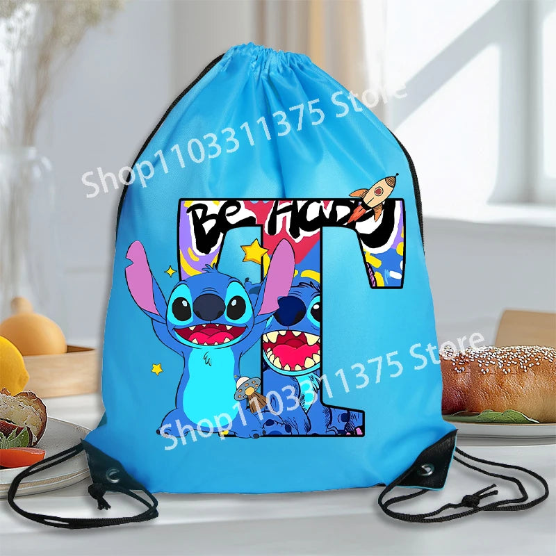 Stitch Disney Waterproof Drawstring Bag Letter A-Z Cartoon Shoes Underwear Travel Sport Bags Nylon Clothes Packing Backpack Gift