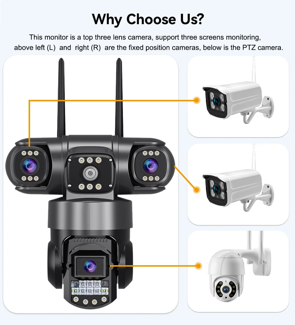 V380 Pro WiFi-IP-Kamera für den Außenbereich, 12 MP, 6K, dreifache Linsen, dreifache Bildschirme, Sicherheitsvideomonitor, Nachtsicht, wasserdichte CCTV-Kameras