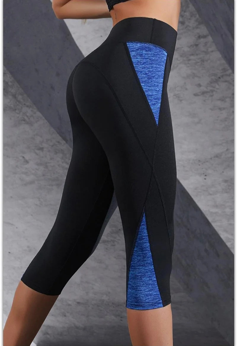 Damen-Yoga-Leggings mit Farbblock, hohe Taille, Patchwork, wadenlang, für Laufsport, Stretch, enge Hose