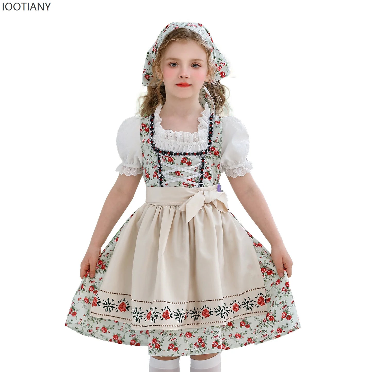 IOOTIANY Deutsches Münchner Oktoberfest Kinder Mädchen Blume Rüschen Spitze Lolita Pastoral Kleid Dienstmädchen Cosplay Performance Kostüm Set