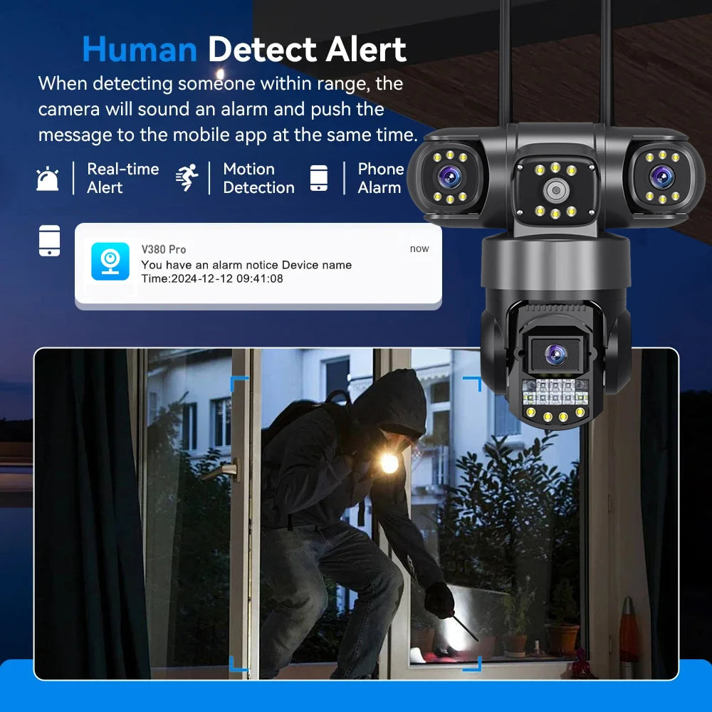V380 Pro WiFi-IP-Kamera für den Außenbereich, 12 MP, 6K, dreifache Linsen, dreifache Bildschirme, Sicherheitsvideomonitor, Nachtsicht, wasserdichte CCTV-Kameras