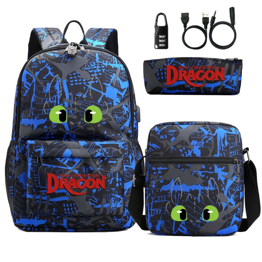 How to Train Your Dragon 3Pcs USB Anti-theft Lock Boy Girl Kids Back To School Book Bags Travel Backpack Shoulder Bag Pen Bags