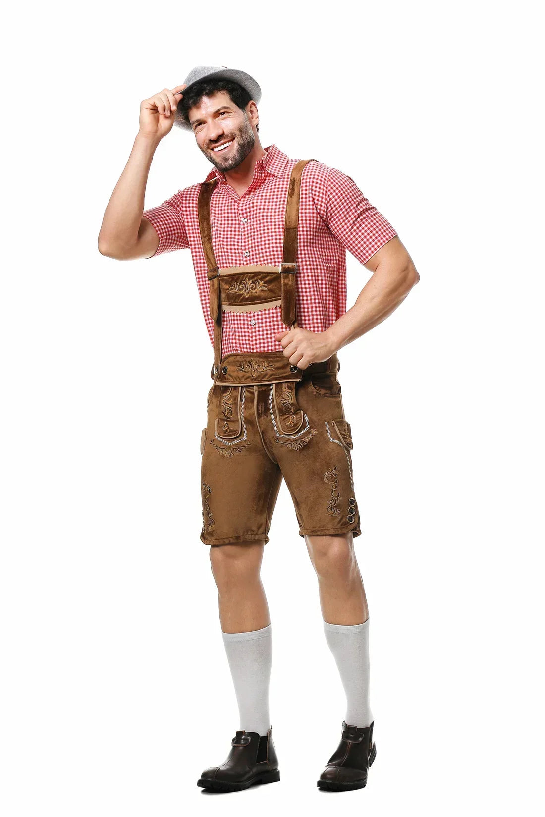 Männliches deutsches Oktoberfest-Lederhosen-Kostüm, kurzärmelig, Hosenträger, Strampler, Hemd, Hut, bayerisches Bierfest, Herren-Cosplay-Outfit