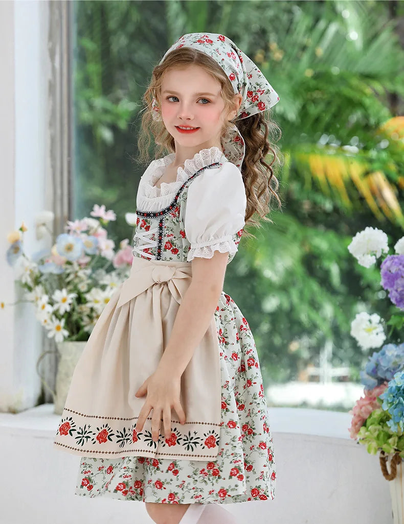 IOOTIANY Deutsches Münchner Oktoberfest Kinder Mädchen Blume Rüschen Spitze Lolita Pastoral Kleid Dienstmädchen Cosplay Performance Kostüm Set