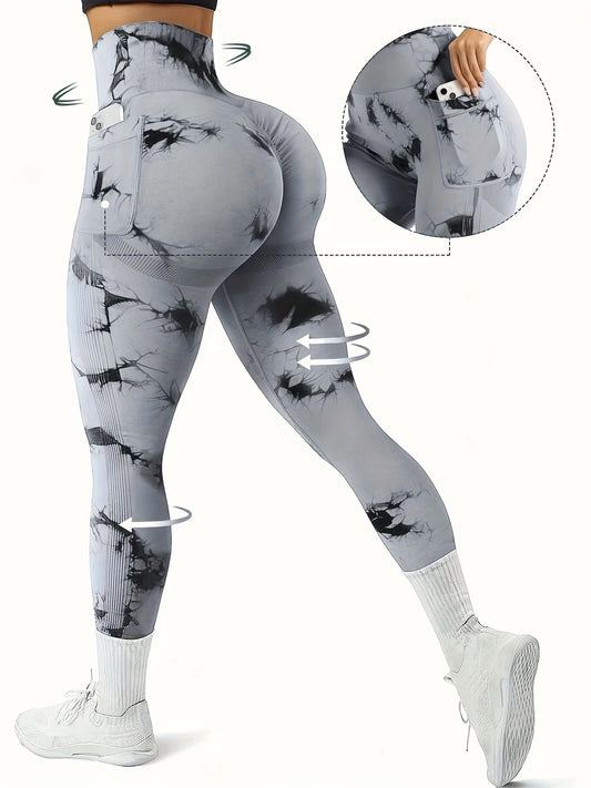 Nahtlose Workout-Leggings mit Batikmuster und hoher Taille für Damen, Scrunch Butt Lifting, Yoga, Fitnessstudio, Sporthose mit Taschen
