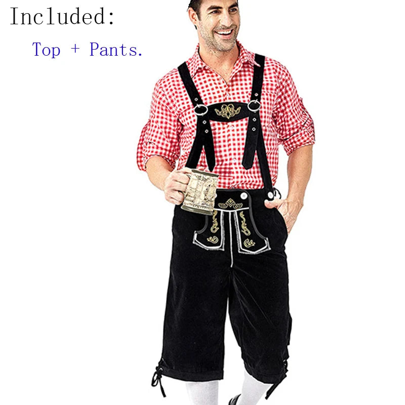 Männer Karneval Oktoberfest Kostüm Kariertes Hemd Lederhosen Outfit Cosplay Halloween Parade Bühnenshow Phantasie Partykleid