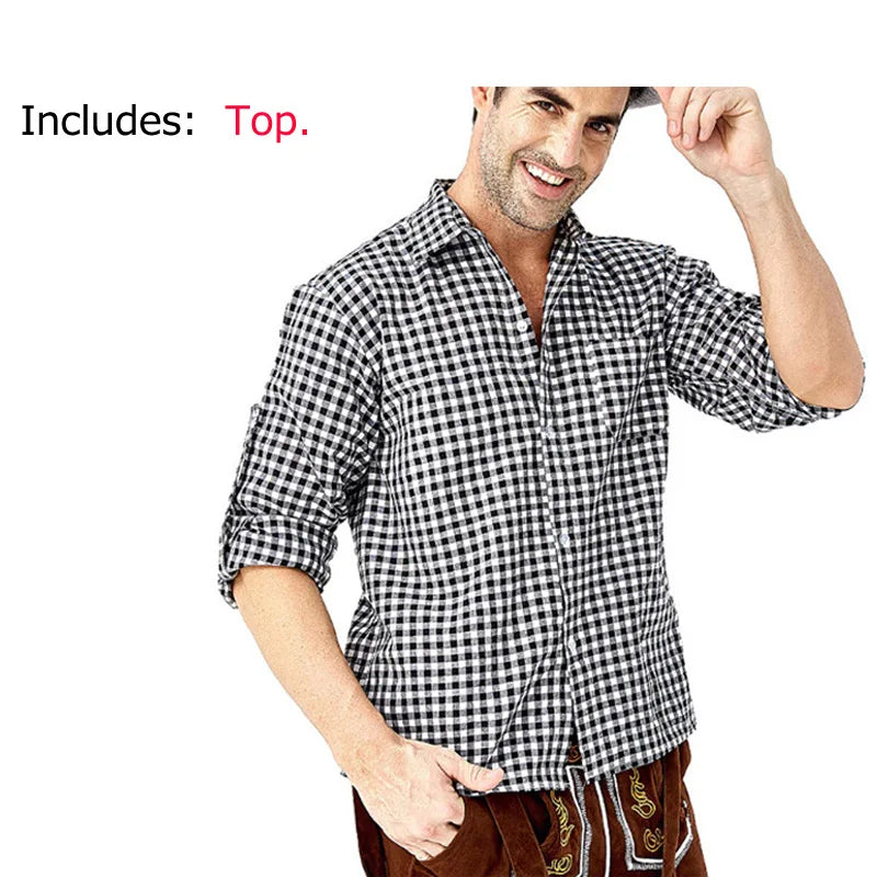 Männer Karneval Oktoberfest Kostüm Kariertes Hemd Lederhosen Outfit Cosplay Halloween Parade Bühnenshow Phantasie Partykleid