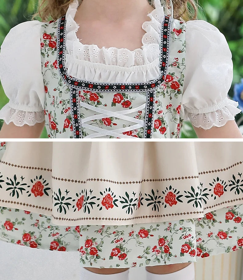 IOOTIANY Deutsches Münchner Oktoberfest Kinder Mädchen Blume Rüschen Spitze Lolita Pastoral Kleid Dienstmädchen Cosplay Performance Kostüm Set
