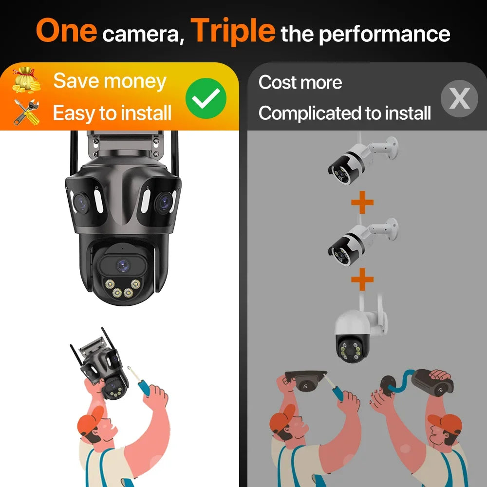 6K HD Outdoor Wifi PTZ Kamera Drei Objektiv 4K Dual Screen IP Kamera Auto Tracking Farbe Nacht Video Überwachung CCTV P2P iCsee
