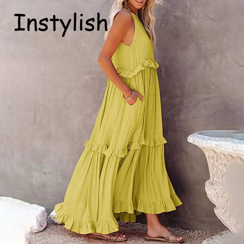 Frauen Casual Solide Rüschen Lange Kleid Sommer Elegante Ärmelloses Sommerkleid Elegante Harajuku Maxi Kleid Strand Party Abend Vestido