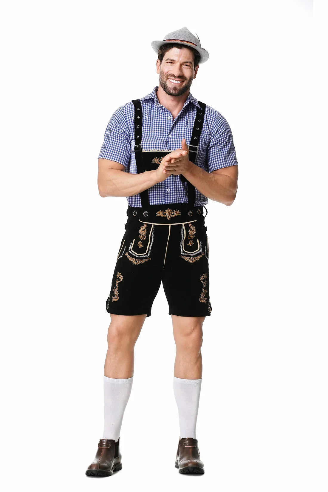Männliches deutsches Oktoberfest-Lederhosen-Kostüm, kurzärmelig, Hosenträger, Strampler, Hemd, Hut, bayerisches Bierfest, Herren-Cosplay-Outfit