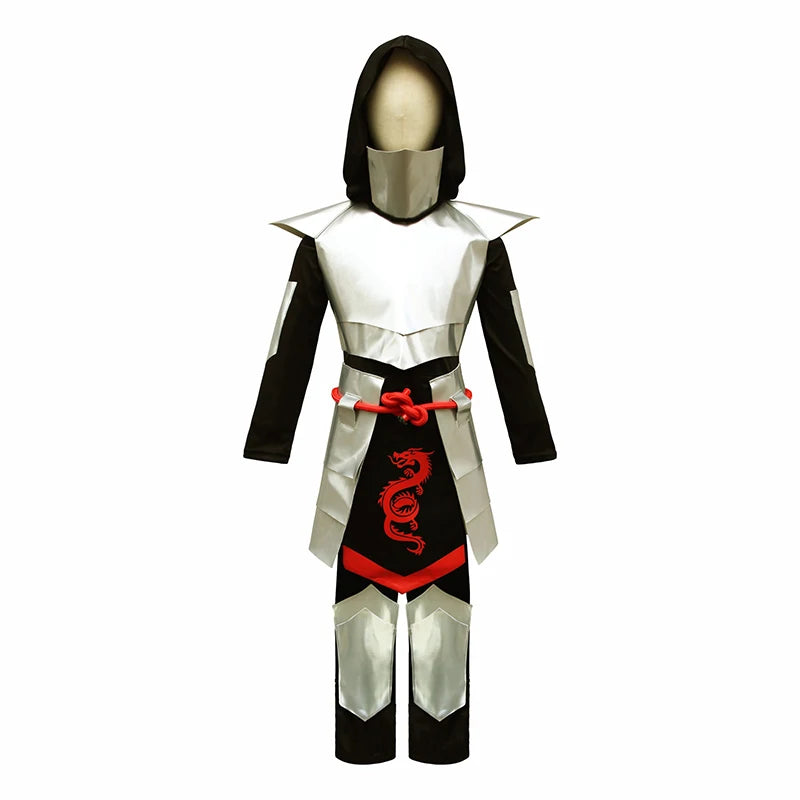 Jungen Schwarzes Skelett Totenkopf Ninja Kostüm Shinobi Schwert Katana Rucksack Set Kinder Silber Drachen Ninja Halloween Kostüm
