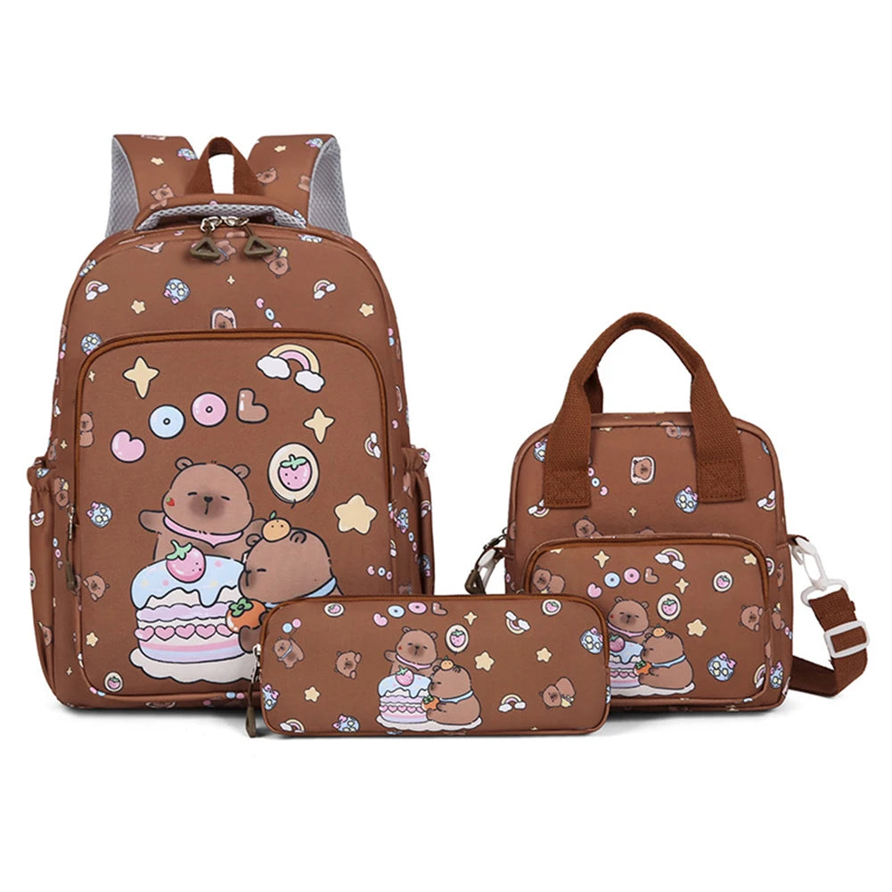 3in1 School Backpack Set Nylon Cute Bookbag Going Out Cartoon Laptop Travel Bag Breathable Back Large Capacity Cute Capybara Bag