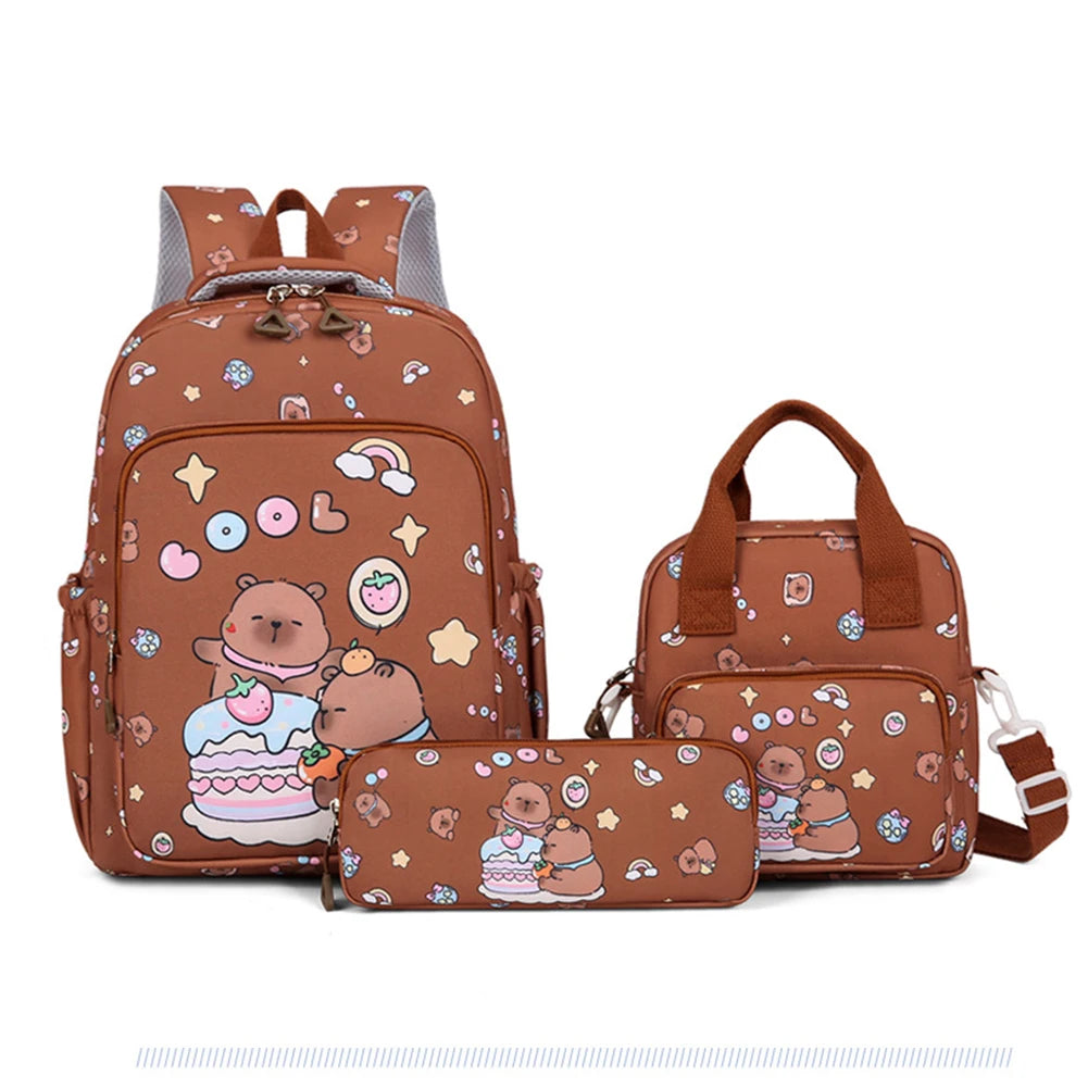 3in1 School Backpack Set Nylon Cute Bookbag Going Out Cartoon Laptop Travel Bag Breathable Back Large Capacity Cute Capybara Bag