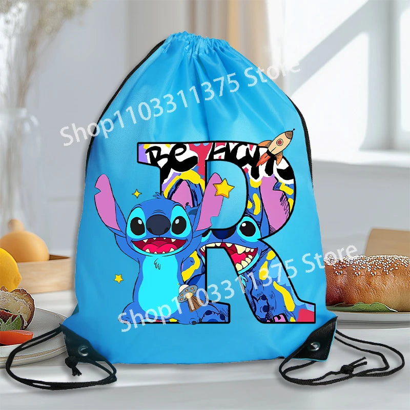 Stitch Disney Waterproof Drawstring Bag Letter A-Z Cartoon Shoes Underwear Travel Sport Bags Nylon Clothes Packing Backpack Gift