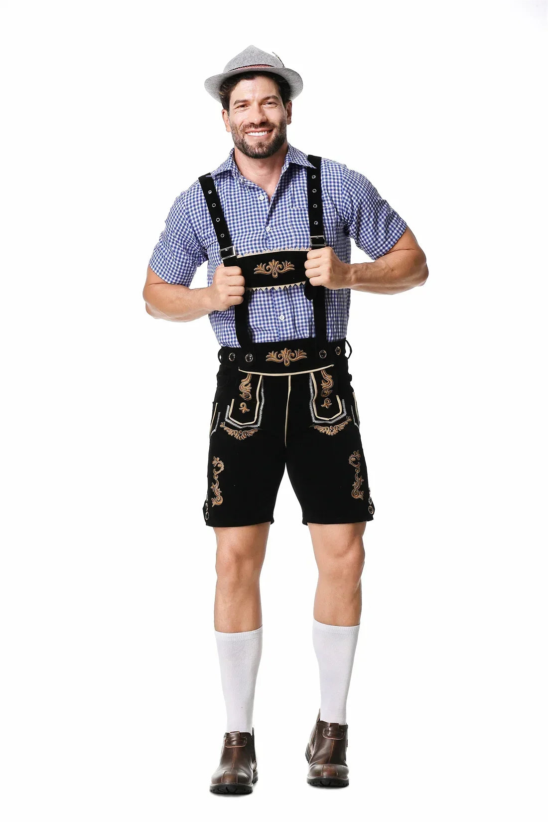 Männliches deutsches Oktoberfest-Lederhosen-Kostüm, kurzärmelig, Hosenträger, Strampler, Hemd, Hut, bayerisches Bierfest, Herren-Cosplay-Outfit