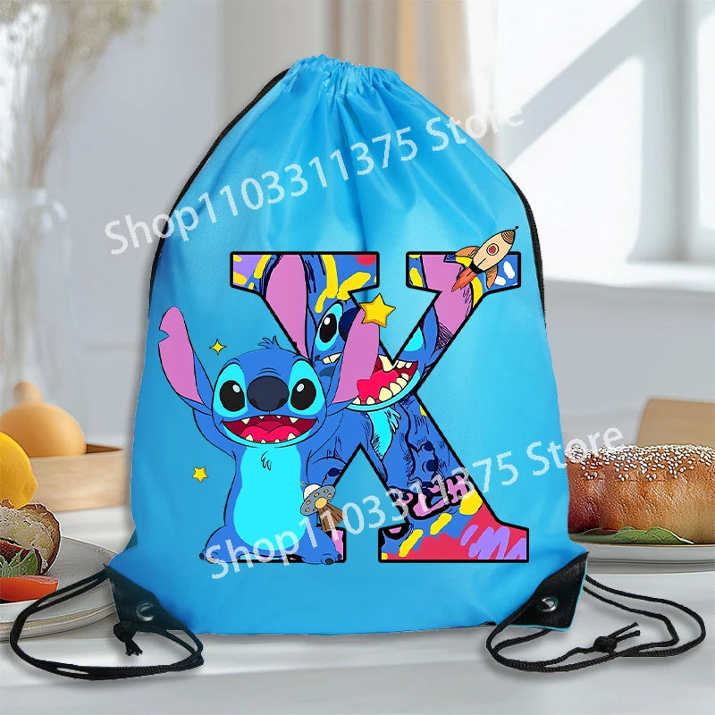 Stitch Disney Waterproof Drawstring Bag Letter A-Z Cartoon Shoes Underwear Travel Sport Bags Nylon Clothes Packing Backpack Gift
