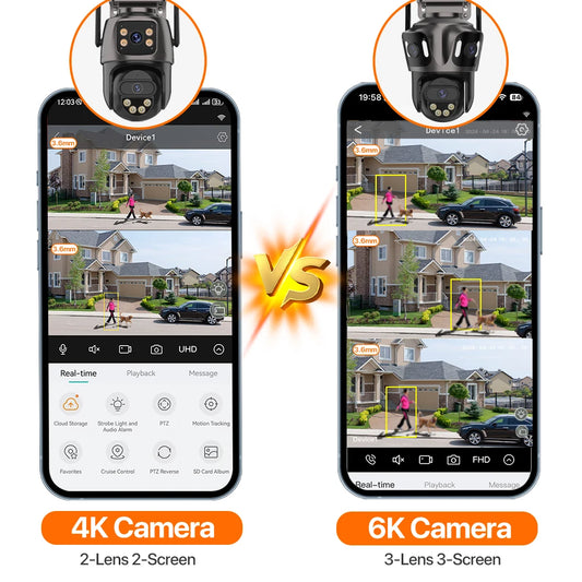 6K HD Outdoor Wifi PTZ Kamera Drei Objektiv 4K Dual Screen IP Kamera Auto Tracking Farbe Nacht Video Überwachung CCTV P2P iCsee