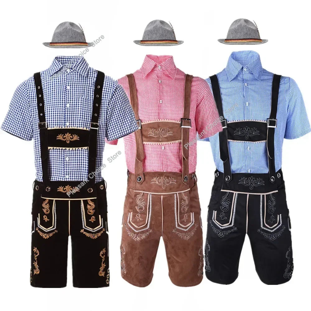 Männliches deutsches Oktoberfest-Lederhosen-Kostüm, kurzärmelig, Hosenträger, Strampler, Hemd, Hut, bayerisches Bierfest, Herren-Cosplay-Outfit