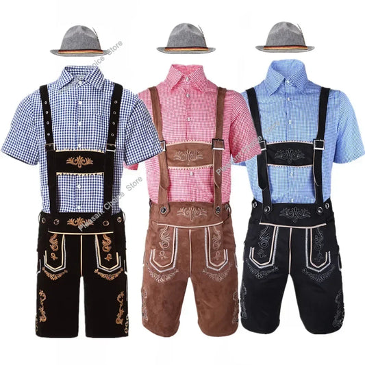 Männliches deutsches Oktoberfest-Lederhosen-Kostüm, kurzärmelig, Hosenträger, Strampler, Hemd, Hut, bayerisches Bierfest, Herren-Cosplay-Outfit