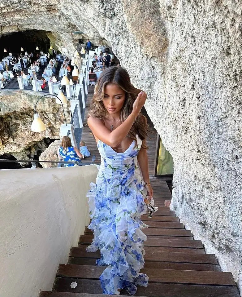 Damen 2025 Schulterfreies Abendkleid aus Organza, langes Abendkleid mit Blumendruck, fließendes A-Linien-Ball-Maxi-Sommerkleid