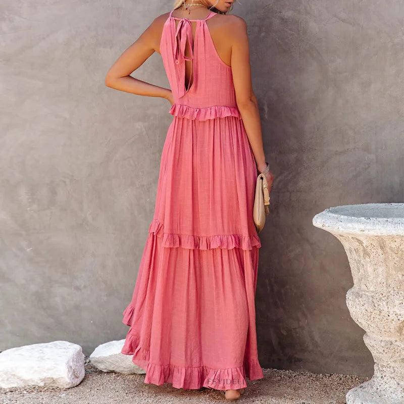 Frauen Casual Solide Rüschen Lange Kleid Sommer Elegante Ärmelloses Sommerkleid Elegante Harajuku Maxi Kleid Strand Party Abend Vestido